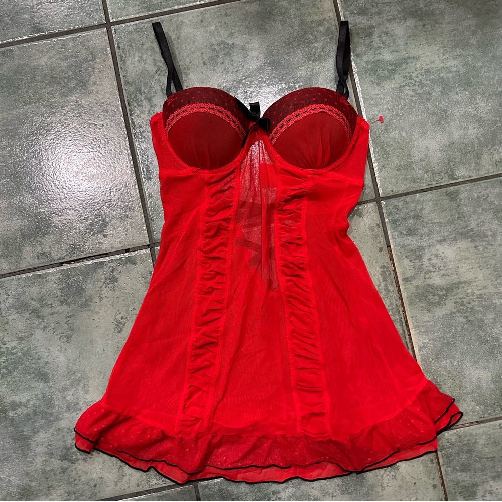 VTG Y2K RAMPAGE INTIMATES Bright Red w/ Black Lace Lingerie